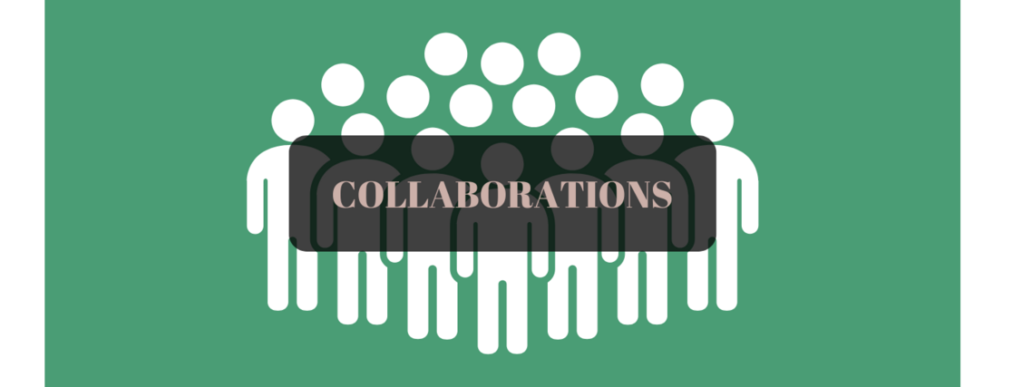 A green background with a group of white stick figures with the word collaborations written in black