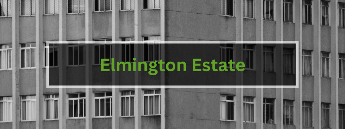 Black and white photo of a building with many windows and the words Elmington Estate written in green over the image